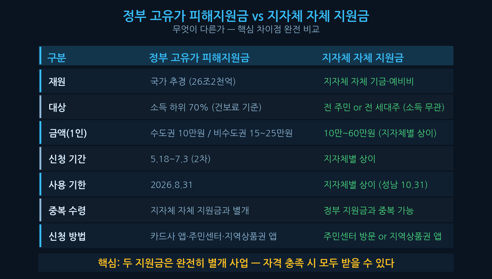 지자체 자체 지원금 정부 지원금 차이 비교 중복 수령