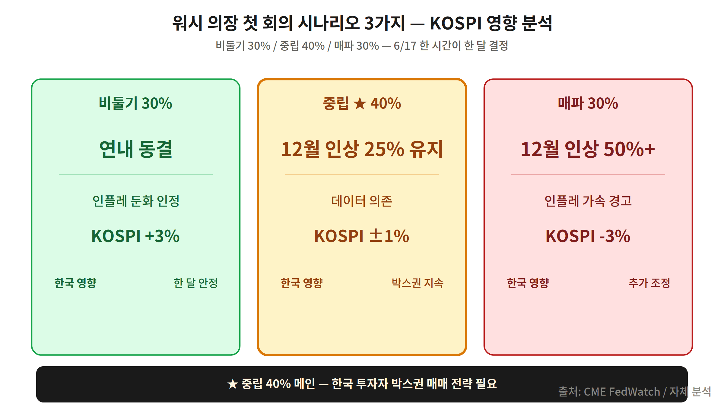 FOMC 6월 시나리오 — 비둘기 중립 매파 확률 분포 시장 영향