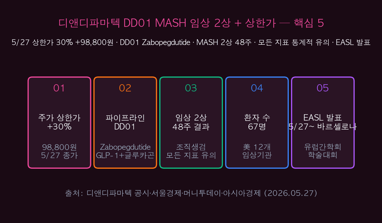 디앤디파마텍 DD01 MASH 임상 2상 + 상한가 — 핵심 5