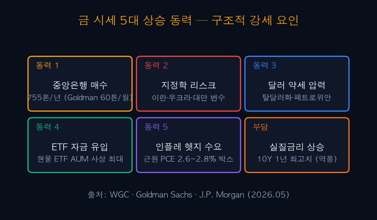 금 시세 5대 구조적 상승 동력 — 중앙은행·실질금리·달러·지정학·ETF