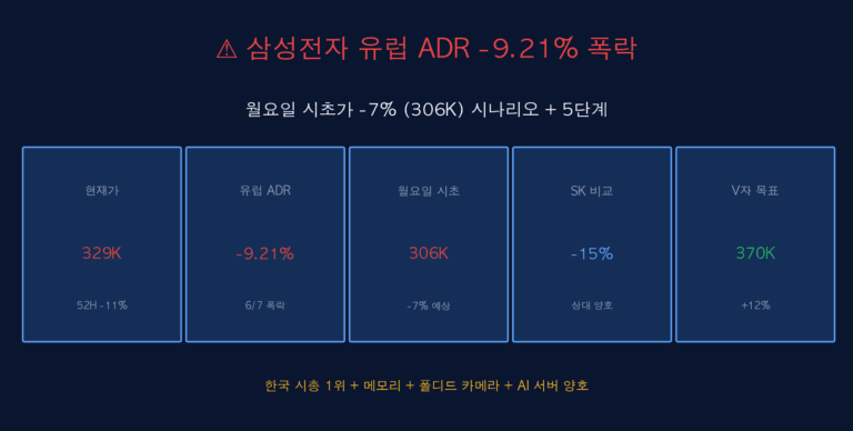 삼성전자 유럽 ADR -9.21% 폭락 — 월요일 시초가 -7% (306K) + SK 대비 11%p 양호