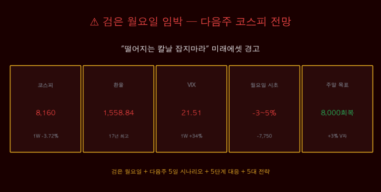 검은 월요일 임박! 다음주 코스피 전망 — 떨어지는 칼날 잡지마라 + 5단계 대응