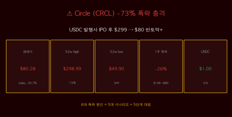 Circle CRCL -73% 폭락 충격! USDC 발행사 299달러에서 80달러 — 6대 원인 + 5대 시나리오